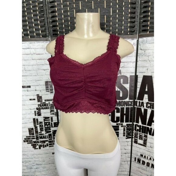 Torrid 0 Burgundy Lace Lined Ruched Front 4 Way Stretch Bralette - Picture 1 of 6
